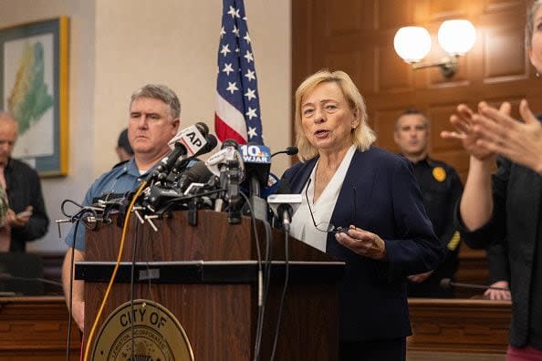 LEWISTON, MAINE - OCTOBER 26: Maine Governor Janet Mills speaks during a press conference about the mass shooting on October 26, 2023 in Lewiston, Maine. Police are still searching for the suspect in the shooting, Robert Card, who allegedly killed 18 people in two separate locations. (Photo by Scott Eisen/Getty Images)