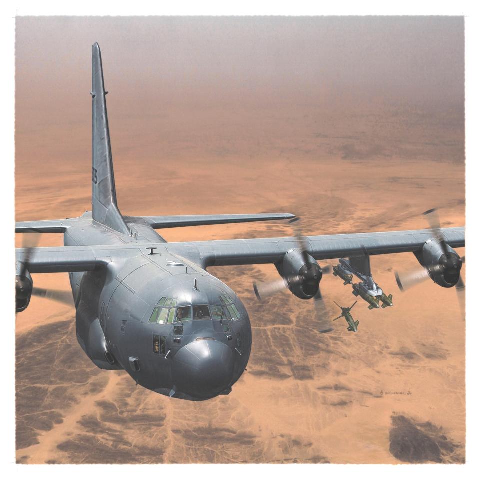 An artist’s concept showing the Gerfaut launcher for the AASM Hammer munition under the wing of a C-130 Hercules. <em>Turgis & Gaillard</em>
