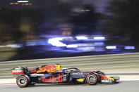 Red Bull driver Max Verstappen of the Netherlands steers his car during the qualifying session for Sunday's Bahrain Formula One Grand Prix, at the Bahrain International Circuit in Sakhir, Bahrain, Saturday, March 27, 2021. The Bahrain Formula One Grand Prix will take place on Sunday. (AP Photo/Kamran Jebreili)