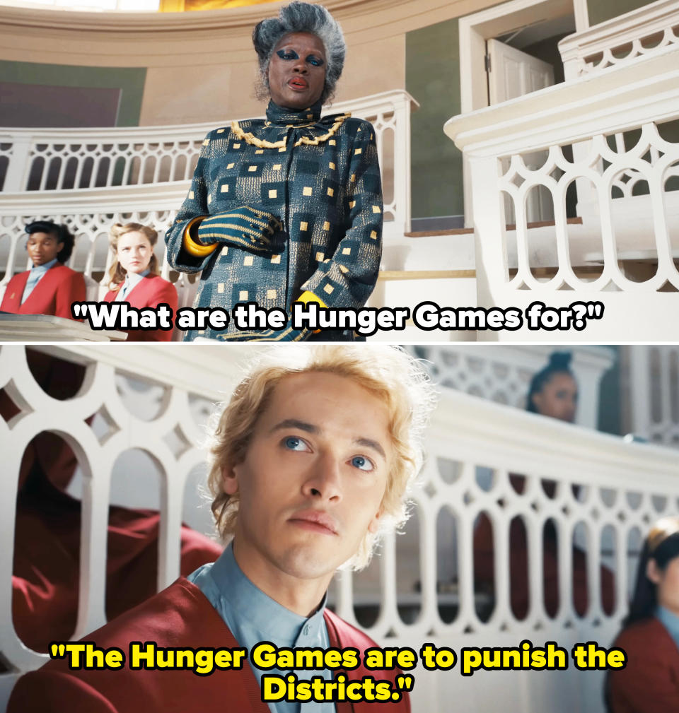 her character asking snow what are the hunger games for and he answers, to punish the districts