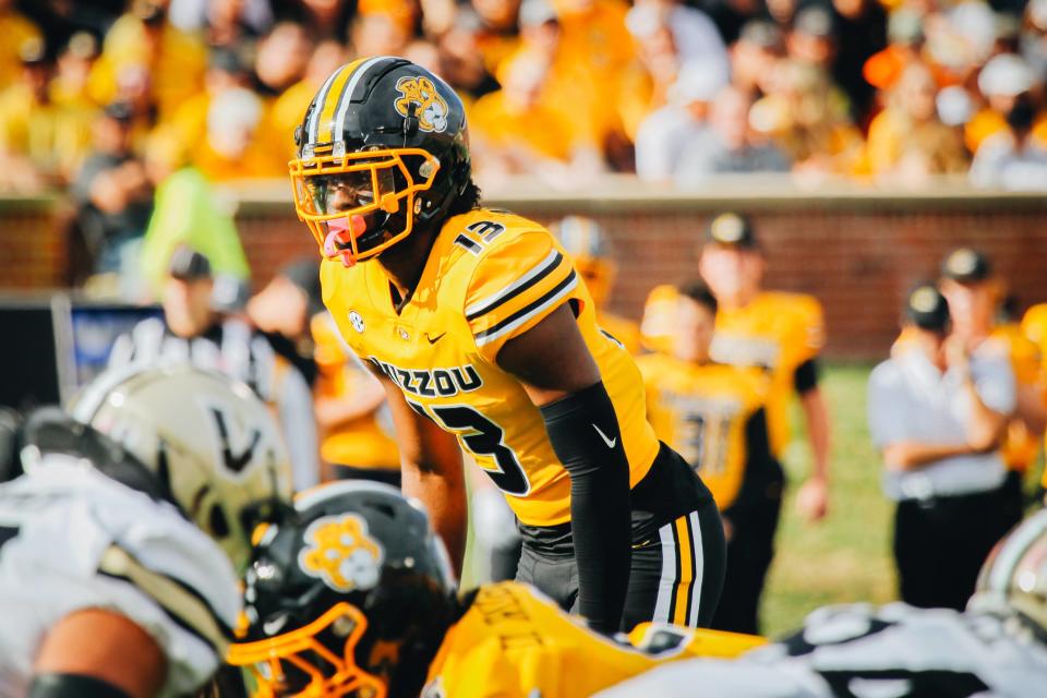 Missouri defensive back Daylan Carnell watches the line of scrimmage during Missouri's game against Vanderbilt on Oct. 22, 2022, in Columbia, Mo.