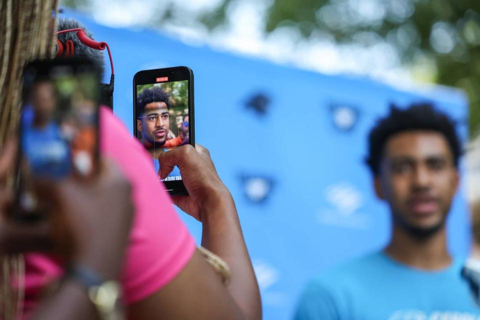 Panthers rookie quarterback Bryce Young speaks to media on player move-in day at Wofford College on Tuesday, July 25, 2023 in Spartanburg, SC. Melissa Melvin-Rodriguez/mrodriguez@charlotteobserver.com