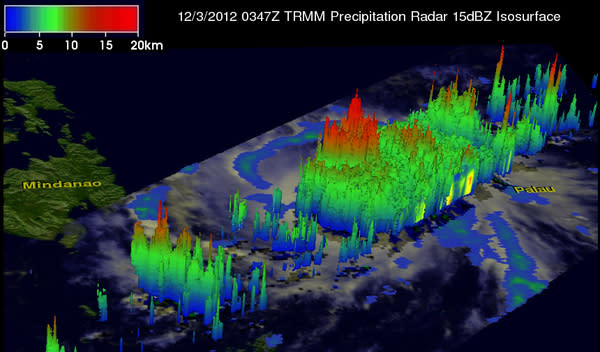 At 0347 UTC on Dec. 3, NASA's TRMM satellite flew above a dangerous typhoon Bopha. Joint Typhoon Warning Center (JTWC) to hit the island of Mindinao in the Philippines with winds of 135 kts (155 mph) later today. This 3-D image from TRMM's Prec