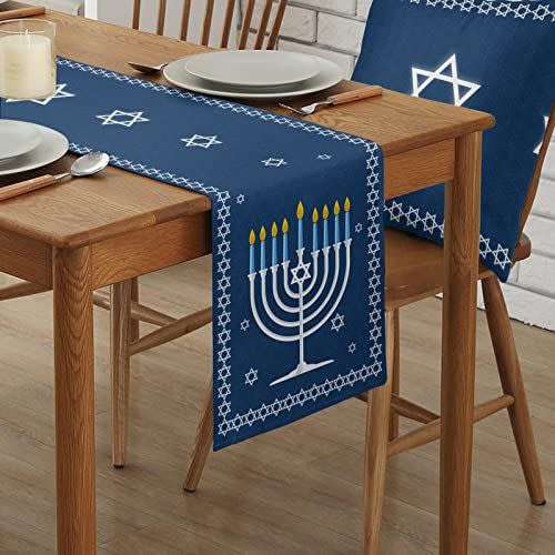 39) Hanukkah Table Runner Cotton and Linen Table Runner, Chanukah Menorah Star of David Table Runner, Jewish Chanukah Festival Day Decoration Home Dinning Room Decoration 13 x 70 inches