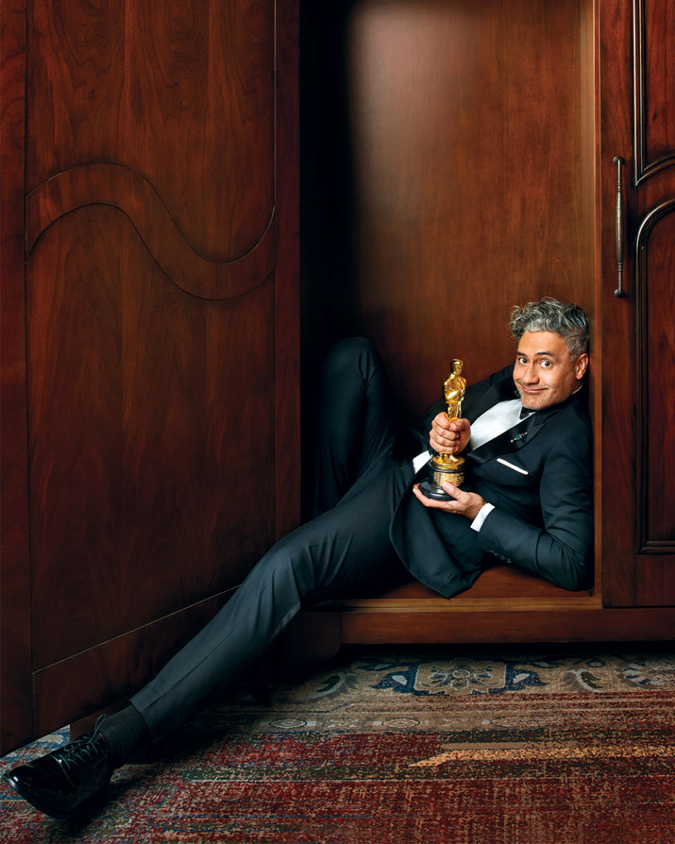 Taika Waititi the 2020 Oscar winner for Adaptive Screenplay for JoJo Rabbit photographed by Andrew Eccles on Feb. 10, 2020 at the H Club Los Angeles, CAStyling Jeanne Yang/The Wall Group; Grooming: Su Naeem/Oribe/Dew Beauty Agency; Tuxedo: Dior; Shoes: Tods; Cufflinks: David Yurman; Lapel pin: Nikos Koulis; Watch: Panerai; Location: H Club Los Angeles; Statuette: Oscar ® Statuette © AMPAS ® - Credit: Andrew Eccles for Variety; photographed at the H Club Los Angeles