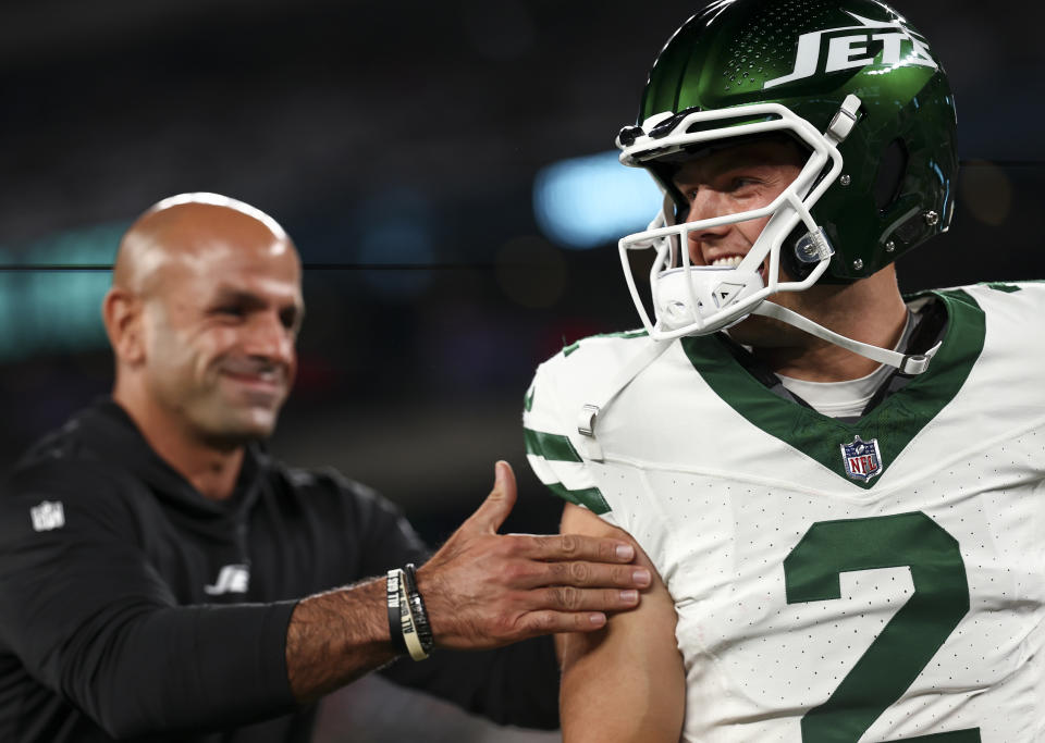"If he plays like that," Jets head coach Robert Saleh said of Zach Wilson, "we’re going to win a lot of football games.” (Photo by Kevin Sabitus/Getty Images)