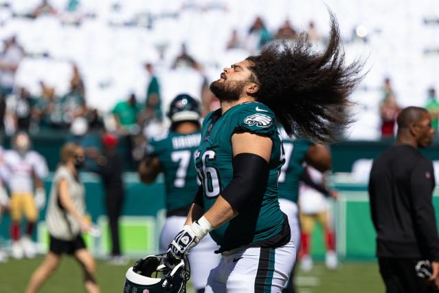 Eagles LG Isaac Seumalo carted off after suffering foot injury vs. Cowboys