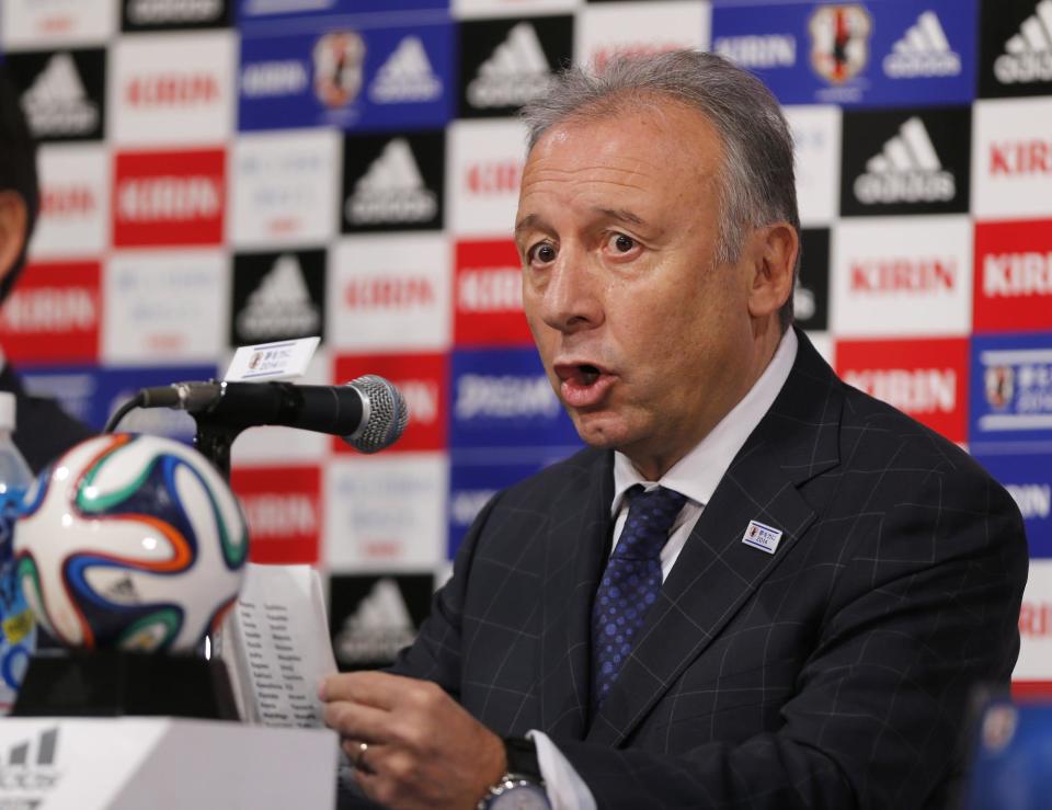 Japan national team coach Alberto Zaccheroni speaks during a press conference as Japan names its World Cup squad in Tokyo, Monday, May 12, 2014. Japan is drawn in a Group C with Ivory Coast, Greece and Colombia at the World Cup in Brazil. (AP Photo/Shuji Kajiyama)