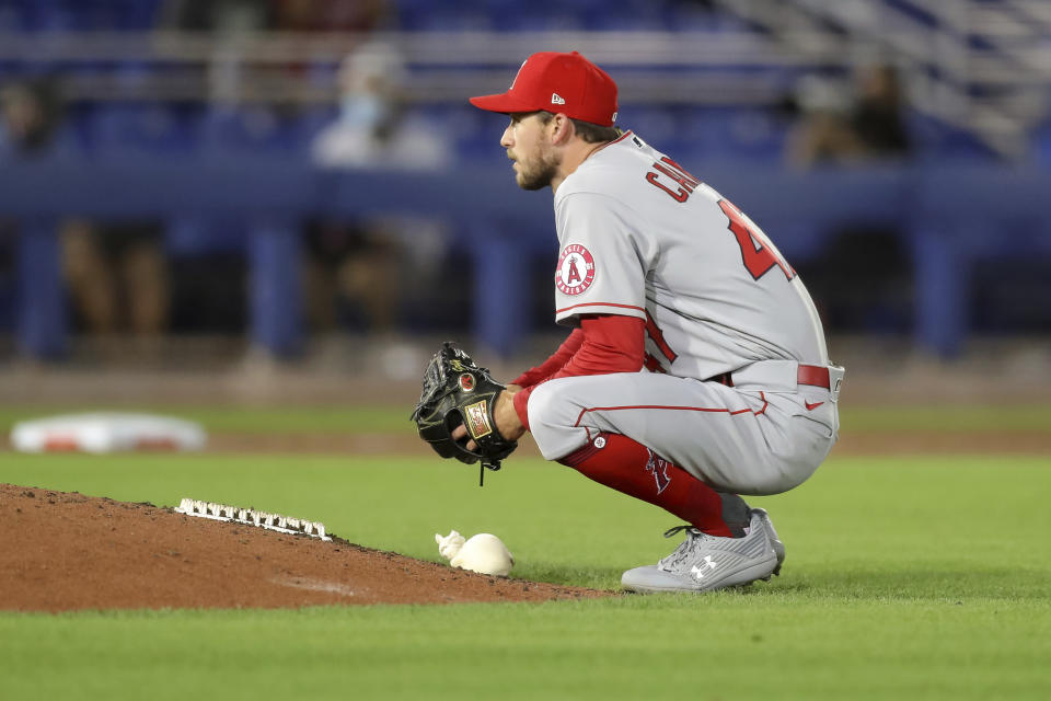 Los Angeles Angels starting pitcher Griffin Canning reacts after giving up a home run to Toronto Blue Jays' Cavan Biggio during the sixth inning of a baseball game Thursday, April 8, 2021, in Dunedin, Fla. (AP Photo/Mike Carlson)