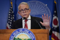 Ohio Gov. Mike DeWine speaks during a news conference, Friday, Dec. 29, 2023, in Columbus, Ohio. DeWine vetoed a measure Friday that would have banned gender-affirming care for minors and transgender athletes’ participation in girls and women’s sports, in a break from members of his party who championed the legislation. (AP Photo/Carolyn Kaster)