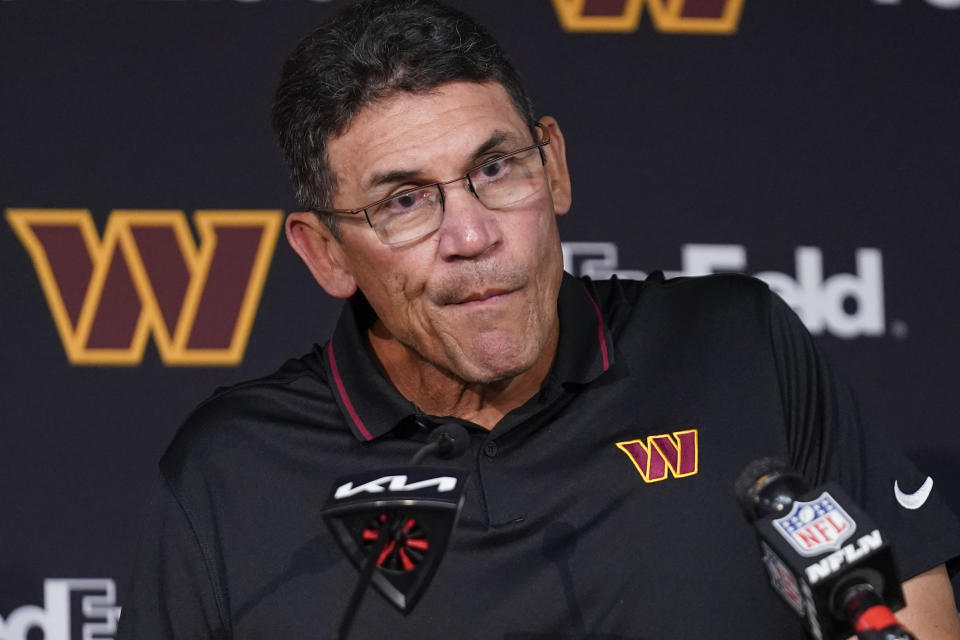 Washington Commanders head coach Ron Rivera pauses while speaking to members of the media at the end of an NFL football game against the Philadelphia Eagles, Sunday, Oct. 29, 2023, in Landover, Md. Eagles won 38-31. (AP Photo/Stephanie Scarbrough)