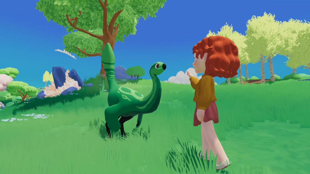  Paleo Pines player showing attention to an emerald green dinosaur. 