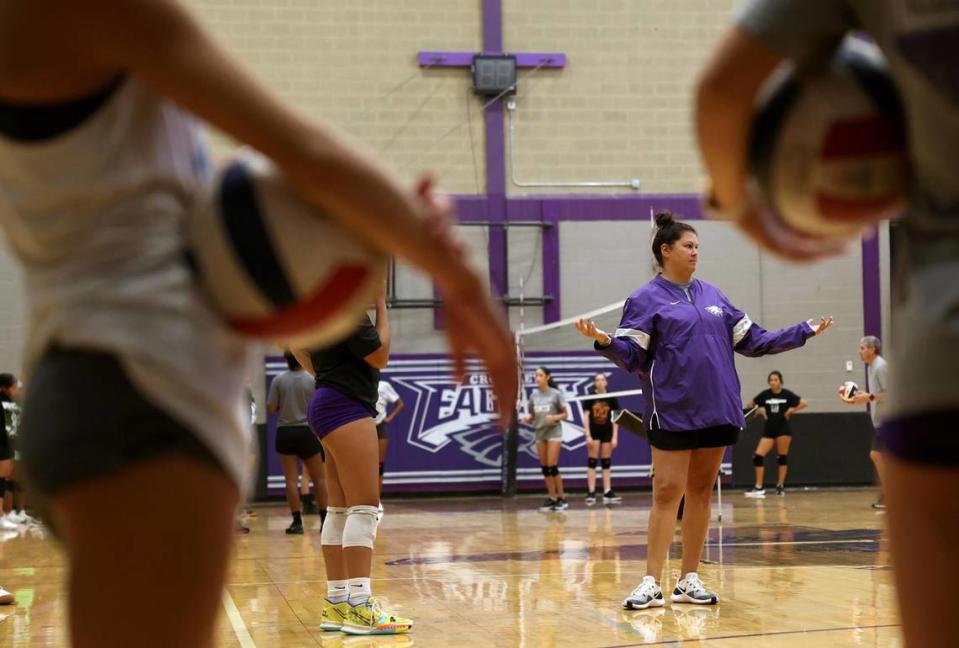 Crowley varsity volleyball coach Catherine Bruder leads tryouts for the upcoming season’s team on Monday, August 1, 2022. This will be Bruder’s final season coaching the Eagles.
