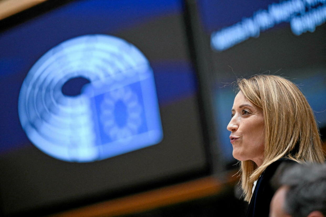 La présidente du Parlement européen, Roberta Metsola, à Bruxelles, le 10 avril 2024.   - Credit:Abaca