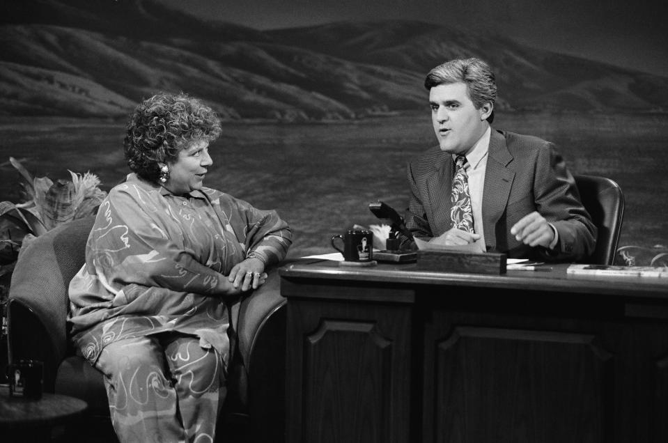 THE TONIGHT SHOW WITH JAY LENO -- Episode -- Pictured: (l-r) Actress Miriam Margolyes during an interview with host Jay Leno on September 1, 1992 -- Photo by: Chris Haston/NBCU Photo Bank via Getty Images.