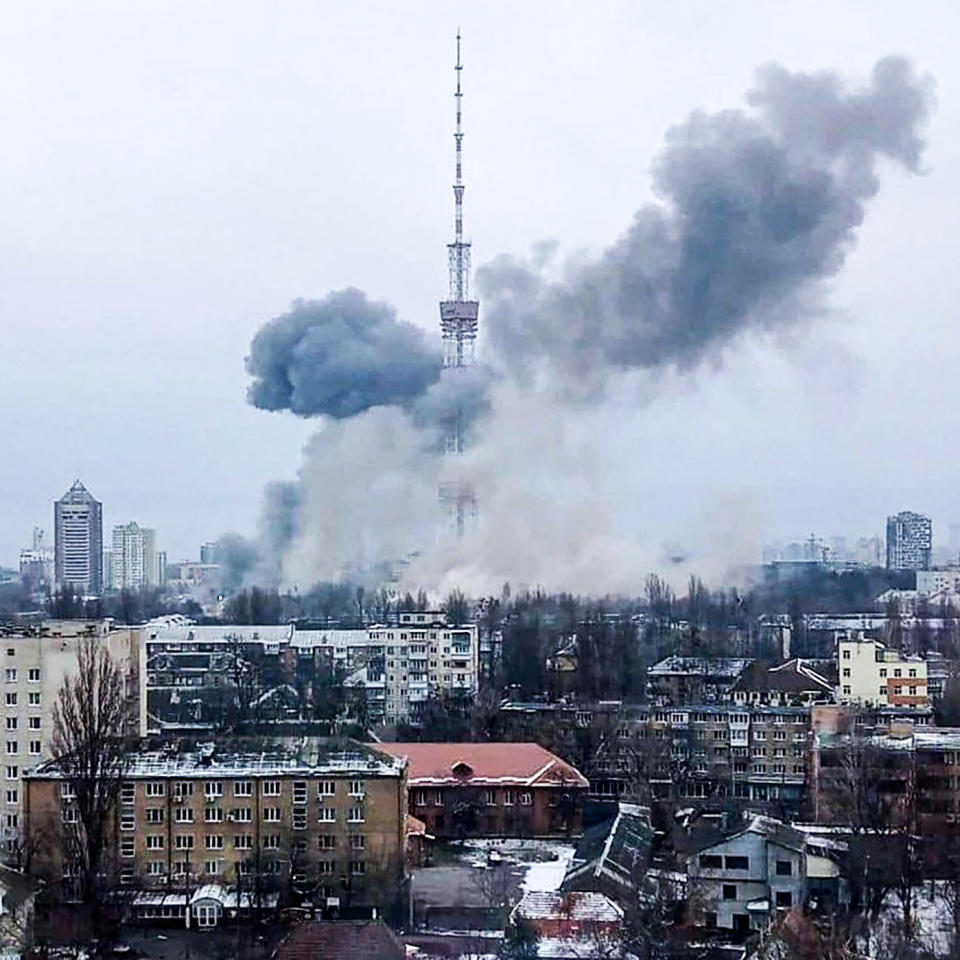 Smoke rises after a missile attack struck Kyiv's television center on March 1, 2022. (Ukrainian Interior Ministry via AFP - Getty Images)