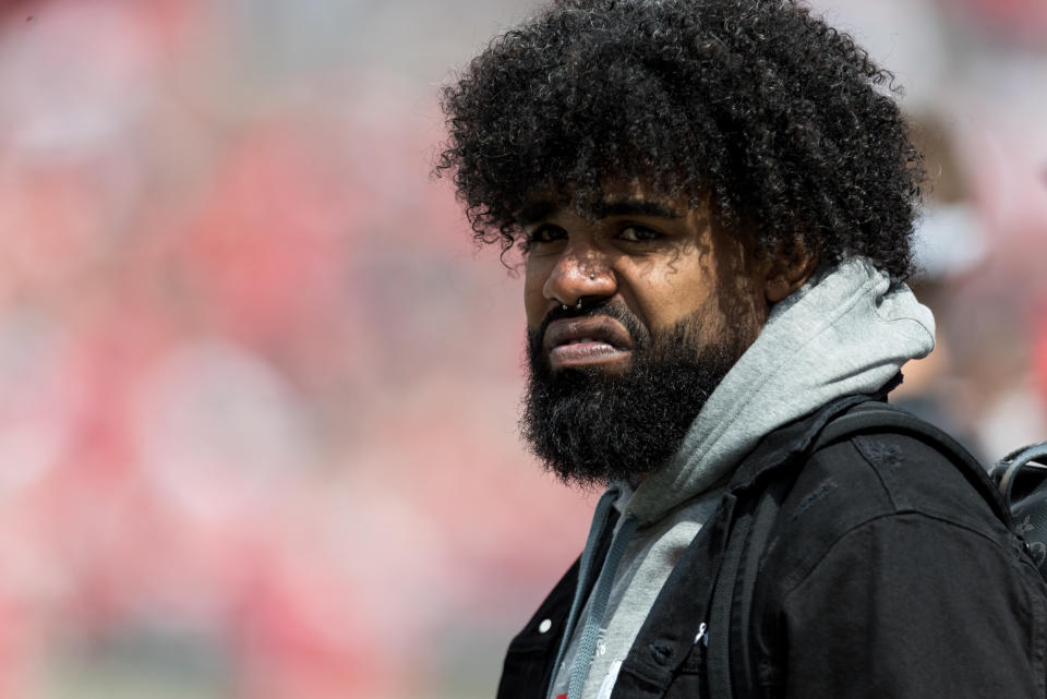 COLUMBUS, OH - APRIL 13: Former Ohio State Buckeye and current Dallas Cowboy Ezekiel Elliot watches the Ohio State Life Sports Spring Game presented by Nationwide at Ohio Stadium in Columbus, Ohio on April 13th, 2019. (Photo by Adam Lacy/Icon Sportswire via Getty Images)