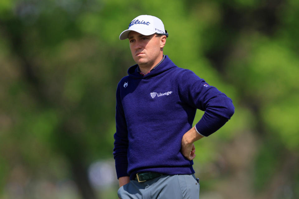 Justin Thomas looks on from the ninth green during the first round of the PGA Championship golf tournament at Oak Hill Country Club.  (Photo: Aaron Doster-USA TODAY Sports)