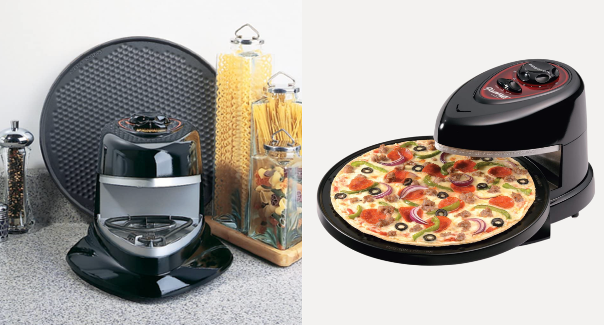 split screen of Presto 03430 Pizzazz Plus Rotating Oven on countertop and with pizza cooking