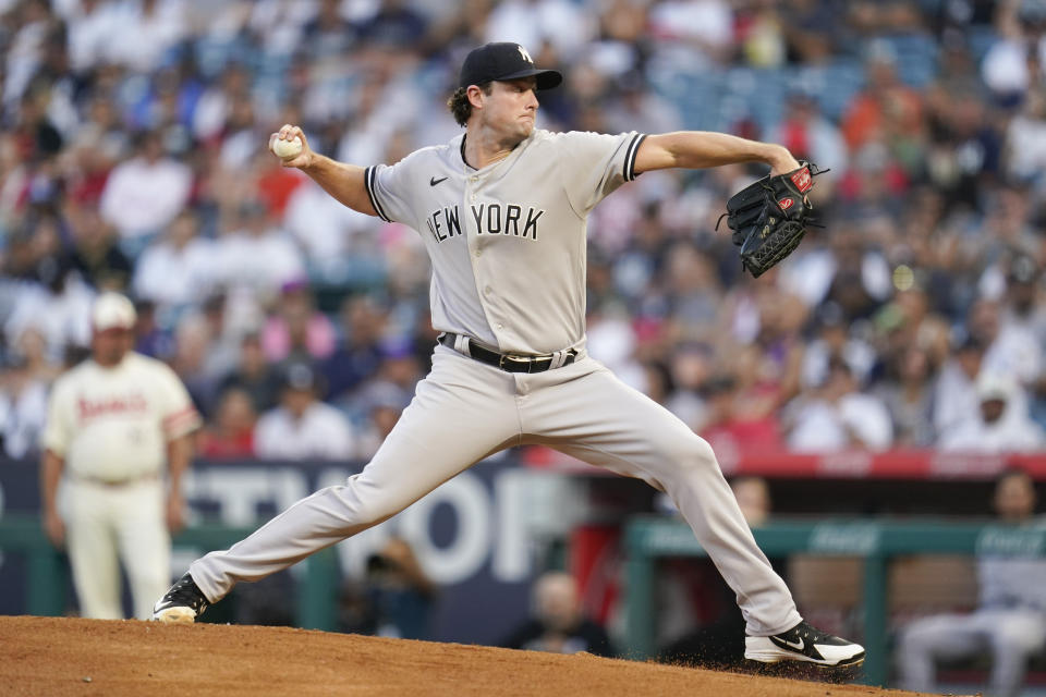 New York Yankees starting pitcher Gerrit Cole (45) throws during the first inning of a baseball game against the Los Angeles Angels in Anaheim, Calif., Wednesday, Aug. 31, 2022. (AP Photo/Ashley Landis)