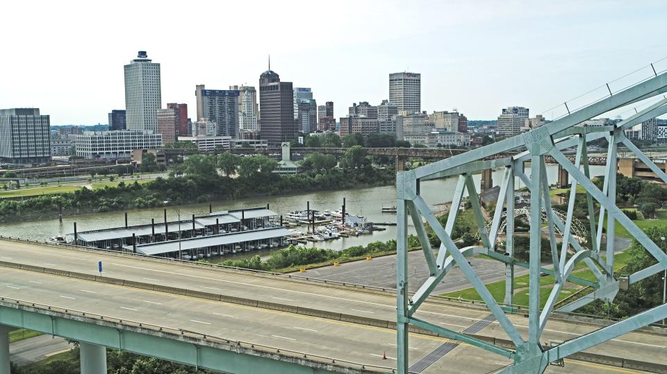 The Memphis skyline can be seen over the Hernando de Soto Bridge, which was shut down to vehicle traffic following the discovery of a crack, was photographed by a drone on Sunday, May 16, 2021.