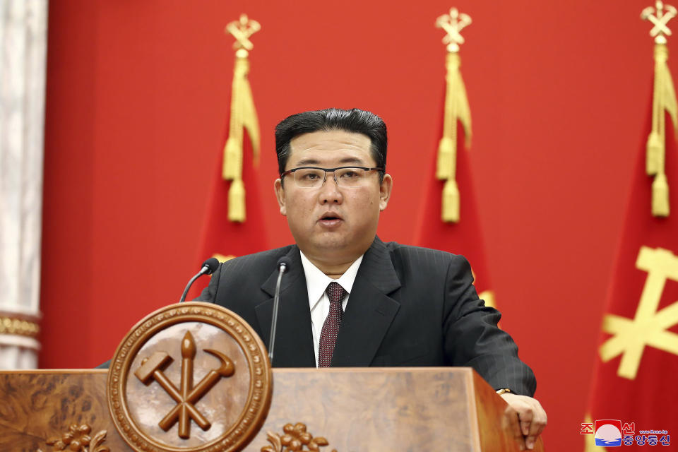 FILE - In this Oct. 10, 2021, file photo provided by the North Korean government, North Korean leader Kim Jong Un delivers a speech during an event to celebrate the 76th anniversary of the country's Workers' Party in Pyongyang, North Korea. North Korea on Saturday, Oct. 23, accused the Biden administration of raising military tensions with China with its “reckless” backing of Taiwan and claimed that the growing U.S. military presence in the region poses a potential threat to the North. Independent journalists were not given access to cover the event depicted in this image distributed by the North Korean government. The content of this image is as provided and cannot be independently verified. Korean language watermark on image as provided by source reads: "KCNA" which is the abbreviation for Korean Central News Agency. (Korean Central News Agency/Korea News Service via AP, File)