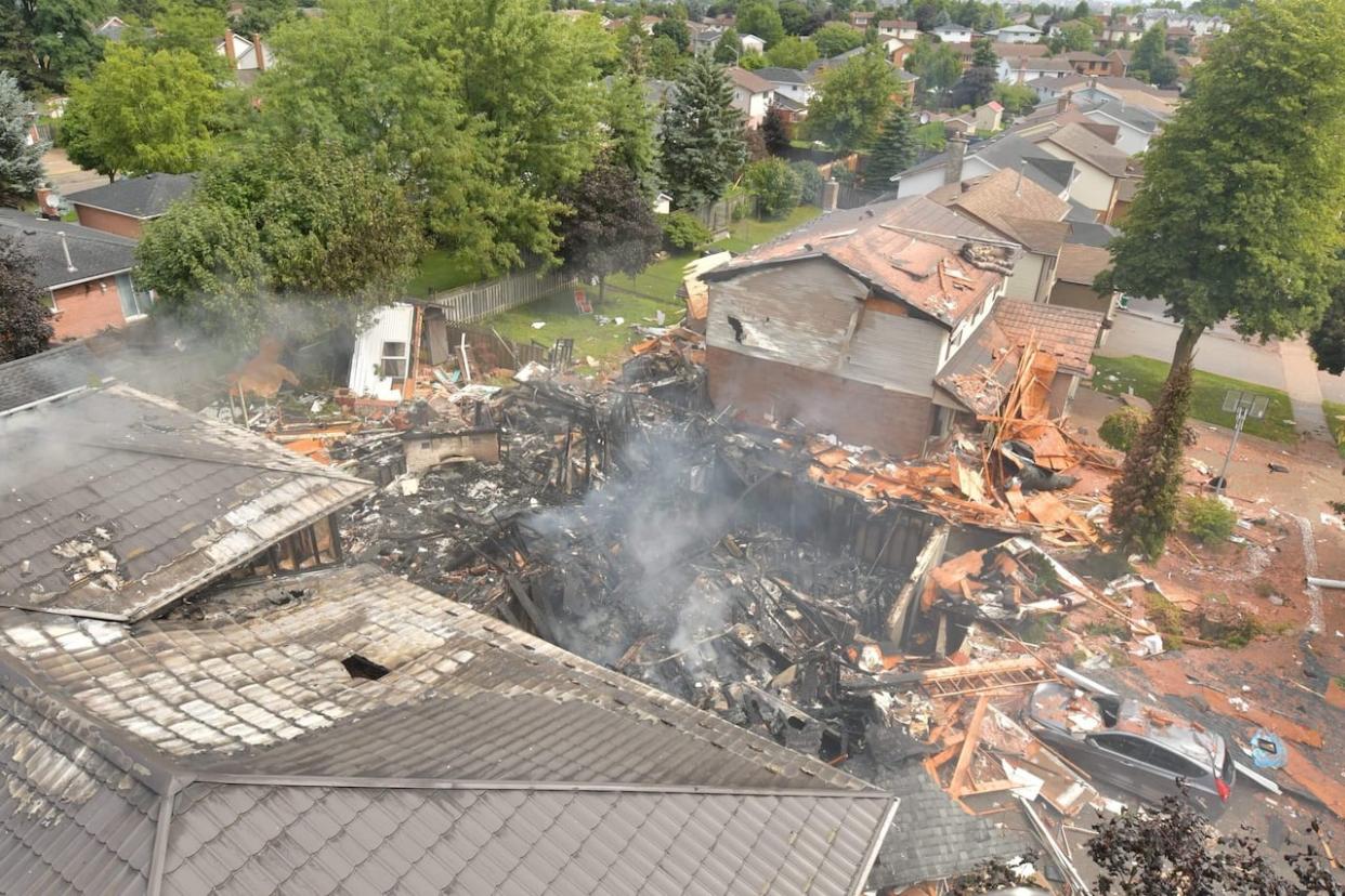 Photo taken by a Waterloo Regional Police Services drone shows the devastation caused by the explosion of the Haan family home in Kitchener, Ont., in 2018. Udo Haan was not found criminally responsible for his wife's death. (Waterloo Regional Police Service/Twitter - image credit)