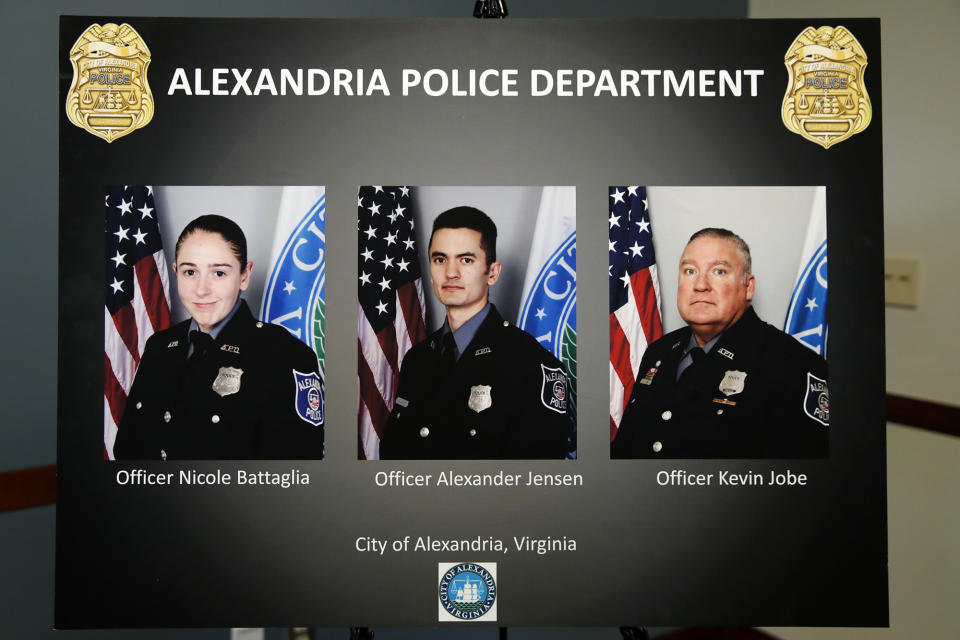 <p>A poster shows images of Alexandria, Va. Police Officers, from left, Nicole Battaglia, Alexander Jensen, and Kevin Jobe, during a news conference at the Police Headquarters in Alexandria, Va., Monday, June 19, 2017, about the June 14 shooting at a baseball field in Alexandria. The three officers were praised by Alexandria Police Chief Michael Brown for their actions during the incident. (Photo: Jacquelyn Martin/AP) </p>