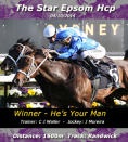 He's Your Man narrowly defeats Royal Descent in the shadows of the winning post to claim the Epsom Handicap.
