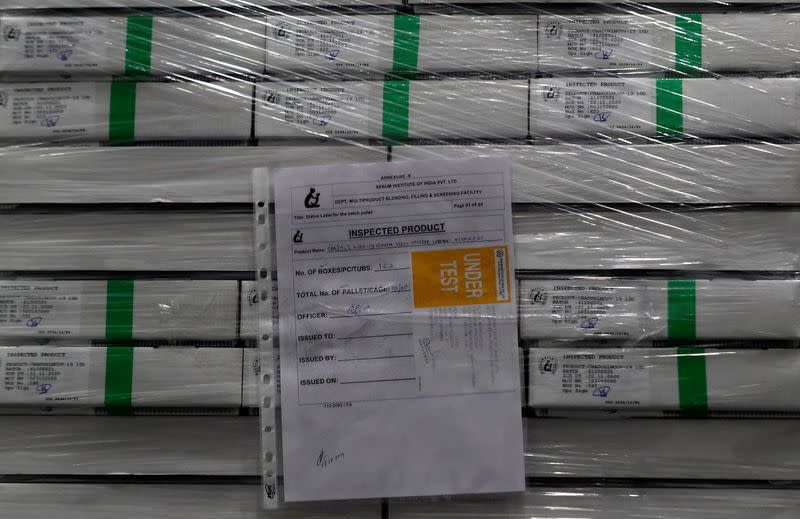 Boxes containing the vials of AstraZeneca's COVISHIELD, coronavirus disease (COVID-19) vaccine are seen inside a cold room at the Serum Institute of India, in Pune