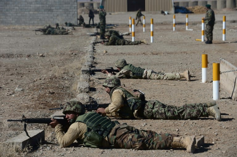 Afghan National Army (ANA) soldiers are trained by Italian soldiers from NATO's Resolute Support Mission at a training centre on the outskirts of Herat