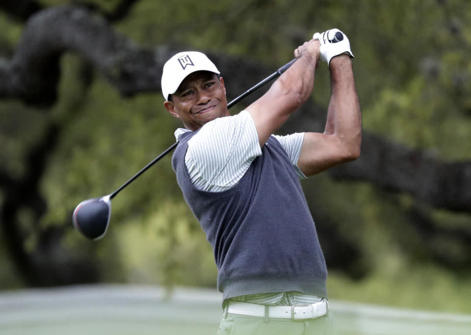 Tiger Woods watches his drive on the eighth hole during fourth round play at the Dell Technologies Match Play Championship golf tournament, Saturday, March 30, 2019, in Austin, Texas. (AP Photo/Eric Gay)