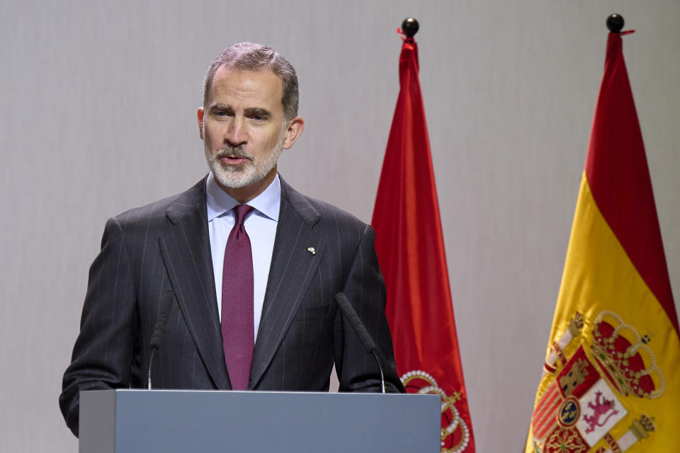 King Felipe VI of Spain (pictured) attends the Gold Medals of Merit in Fine Arts 2020 ceremony.