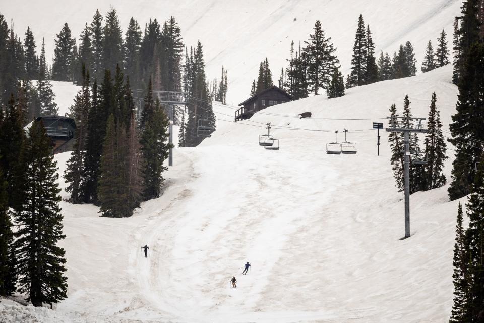 Backcountry skiers make use of the record-breaking snowpack to make some turns at Alta Ski Area, which is closed for the season, on Friday, June 2, 2023. | Spenser Heaps, Deseret News