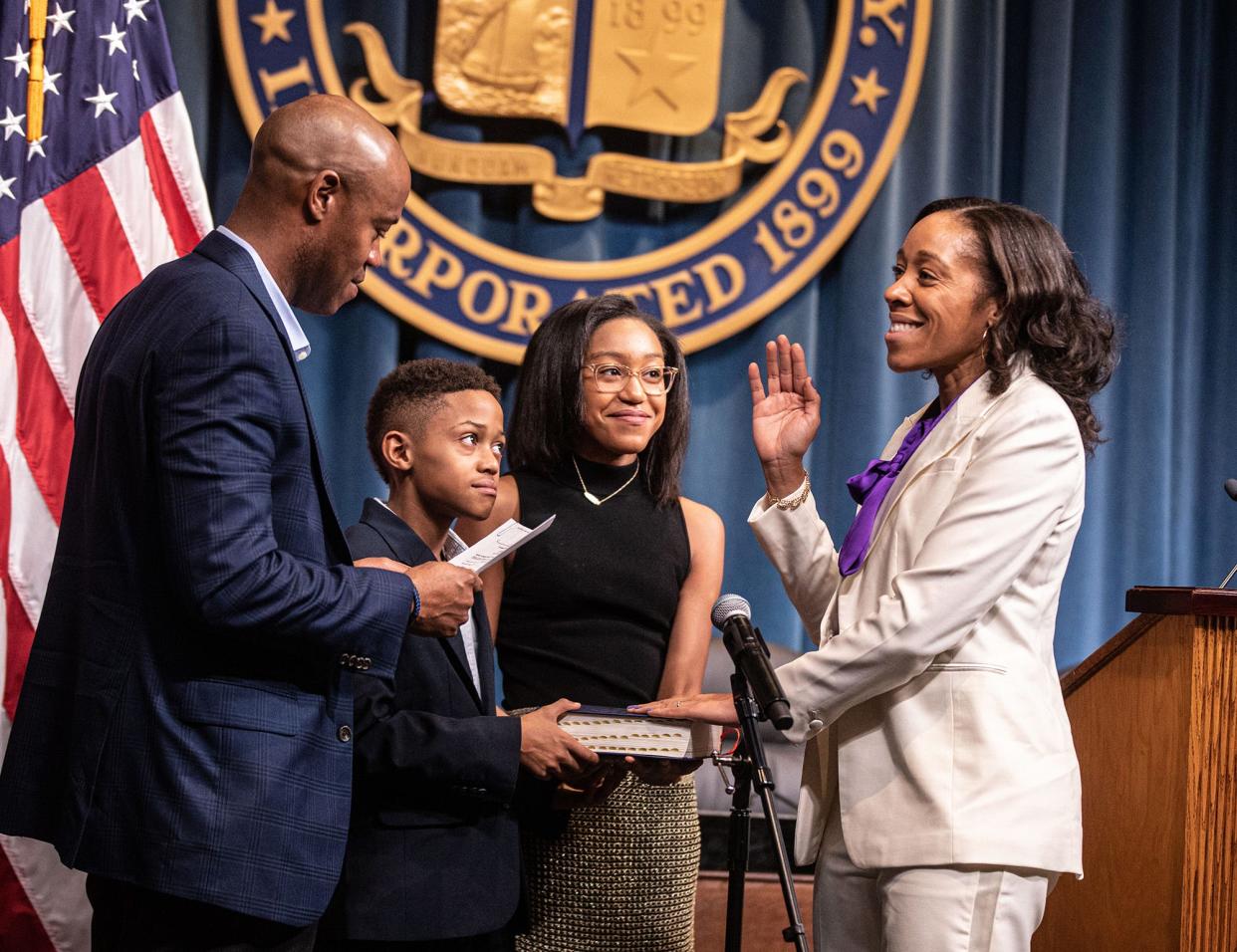 Yadira Ramos-Herbert is sworn in as the new mayor of New Rochelle, NY, during a ceremony Jan. 1, 2024 at City Hall. Administering the oath was her husband, Jeffrey. Her children Tomas, 10, and Julyssa, 13, looked on. Members of the city council also took the oath of office during the ceremony.