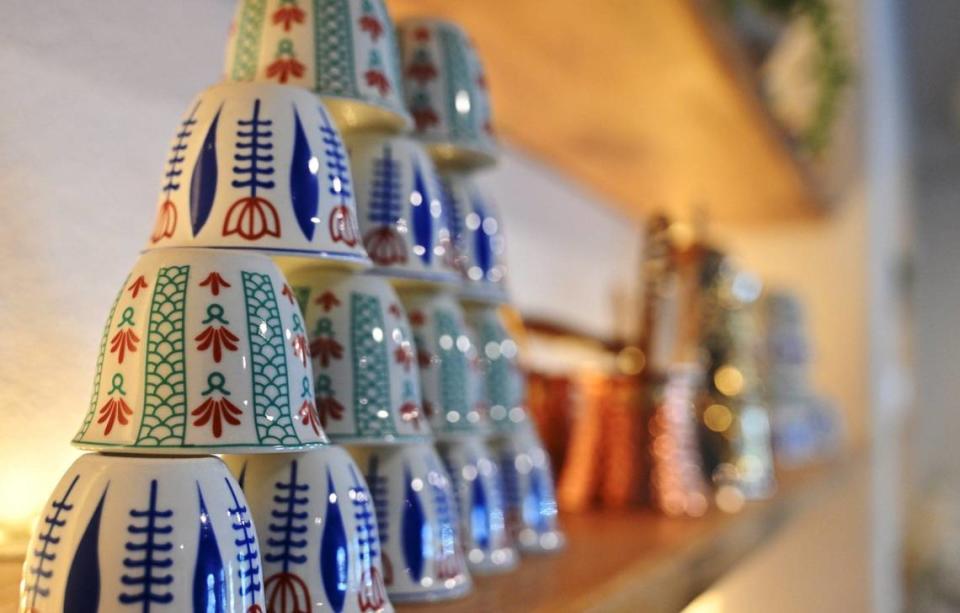 Small coffee cups are stacked at Zaatar Bistro in Fresno.