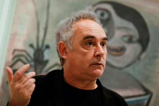 Famed Spanish chef Ferran Adria, with "Young Boy with Lobster" in the background, holds forth during the presentation of "Picasso's Kitchen, "a tribute to one of his "creative references"