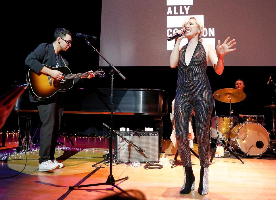 Jack Antonoff and Carly Rae Jepsen perform during the 6th Annual Ally Coalition Talent Show at Town Hall Theater in N.Y.C. on Thursday night.