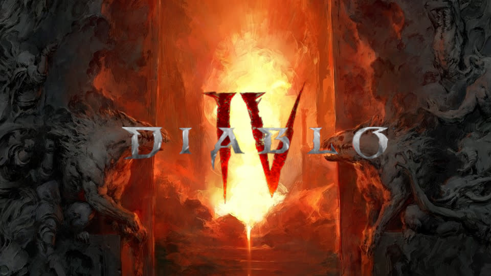  Diablo 4 logo in front of Hell gate. 