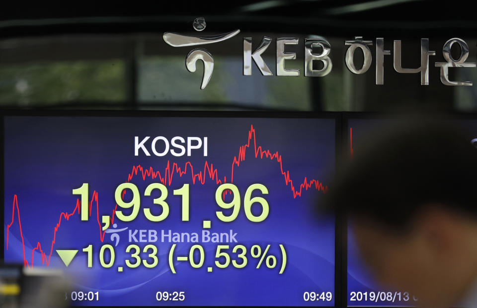 A currency trader walks by a screen showing the Korea Composite Stock Price Index (KOSPI) at the foreign exchange dealing room in Seoul, South Korea, Tuesday, Aug. 13, 2019. Asian stock markets followed Wall Street lower Tuesday amid anxiety the U.S.-Chinese trade war will hurt already slowing global economic growth. (AP Photo/Lee Jin-man)