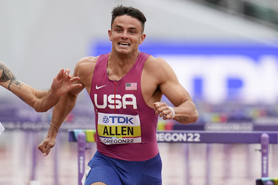 Devon Allen, of the United States, wins a heat in the mens 110-meter hurdles at the World Athletics Championships on Saturday, July 16, 2022, in Eugene, Ore. (AP Photo/Ashley Landis)