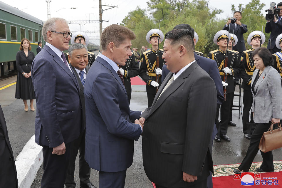 In this photo provided by the North Korean government, North Korea leader Kim Jong Un, front right, bids farewell to Governor of the Russian far eastern region of Primorsky Krai Oleg Kozhemyako, front left, at a station in Artyom, near Vladivostok, Russian Far East Sunday, Sept. 17, 2023. Independent journalists were not given access to cover the event depicted in this image distributed by the North Korean government. The content of this image is as provided and cannot be independently verified. Korean language watermark on image as provided by source reads: "KCNA" which is the abbreviation for Korean Central News Agency. (Korean Central News Agency/Korea News Service via AP)