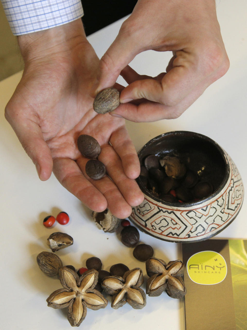 Nuts of Sacha Inchi plant from Amazonia in Daniel Joutard's hands, director and founder of Ainy, during an interview with the Associated Press in Paris, Thursday, Sept, 13, 2012. Joutard wants to hire more employees for his growing, innovative skin-care products company, but can't take the risk in large part because of France's inflexible workplace protections. The 37-year-old is among thousands of small- and medium-size business owners who will be crucial to help France _ like other countries in Europe _ reduce a double-digit jobless rate, and ultimately shrink its hefty state budget deficit by bringing in more tax revenues. (AP Photo/Francois Mori)