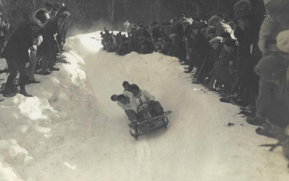 Men competing in the bobsled competition during the 1924 games