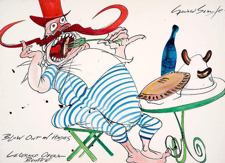 Pen power: Scarfe’s iconic set designs for Orpheus in the Underworld form part of a show which opens on Friday