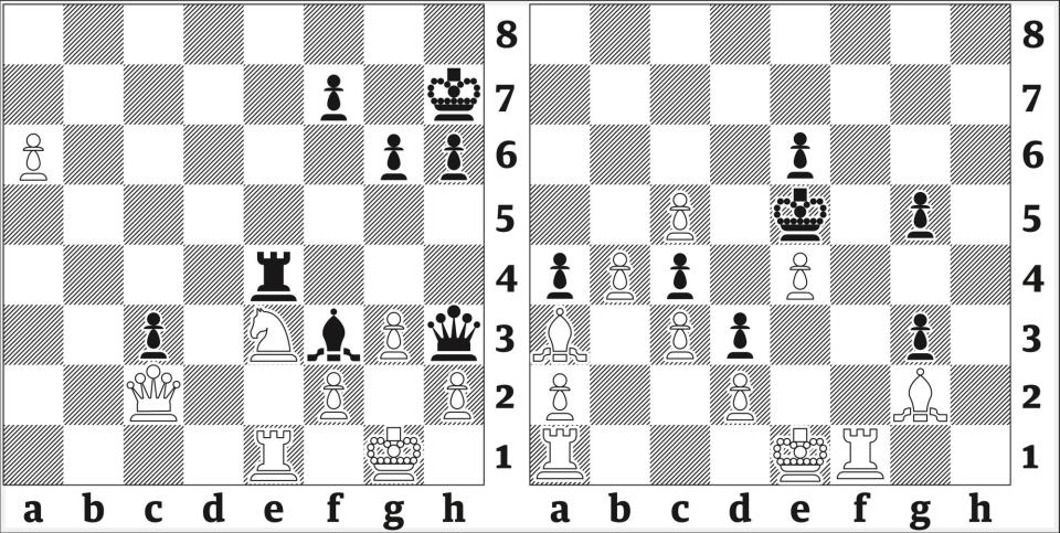 <span><strong>3912 (left):</strong> Jin Yueheng v Rithvik Raja, Doha 2023. Black to play. What was his winning move?<br><strong>3912A (right):</strong> White mates in five moves (by Fritz Giegold, Die Welt 1978), Just a single line of play with all all Black’s replies forced, but it defeats most solvers.</span><span>Photograph: The Guardian</span>