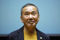 Japanese novelist Haruki Murakami poses for media during a press conference on the university's new international house of literature, The Haruki Murakami Library, opening at the Waseda University Wednesday, Sept. 22, 2021 in Tokyo. (AP Photo/Eugene Hoshiko)