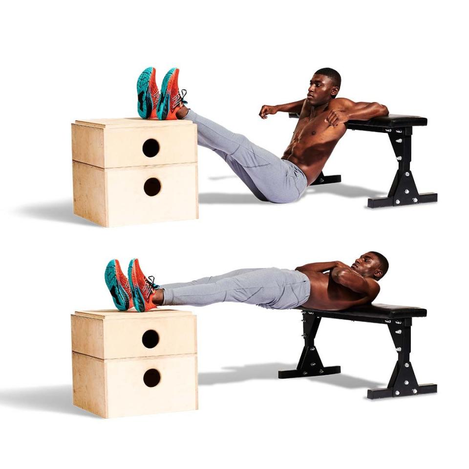 <p>Position your upper back on the bench and put your heels on a second bench or platform (<strong>A</strong>). Extend at your hips and lift into the air, creating a line from your shoulders to feet. Hold (<strong>B</strong>), maintaining ‘structure’ for as long as possible.<br></p>