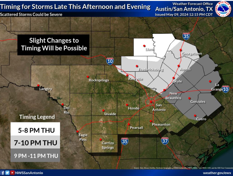 The Austin-area is predicted to see severe storm weather from about 7 p.m., until 10 p.m. Thursday. The storm will continue southeast, according to meteorologist Jason Runyen.