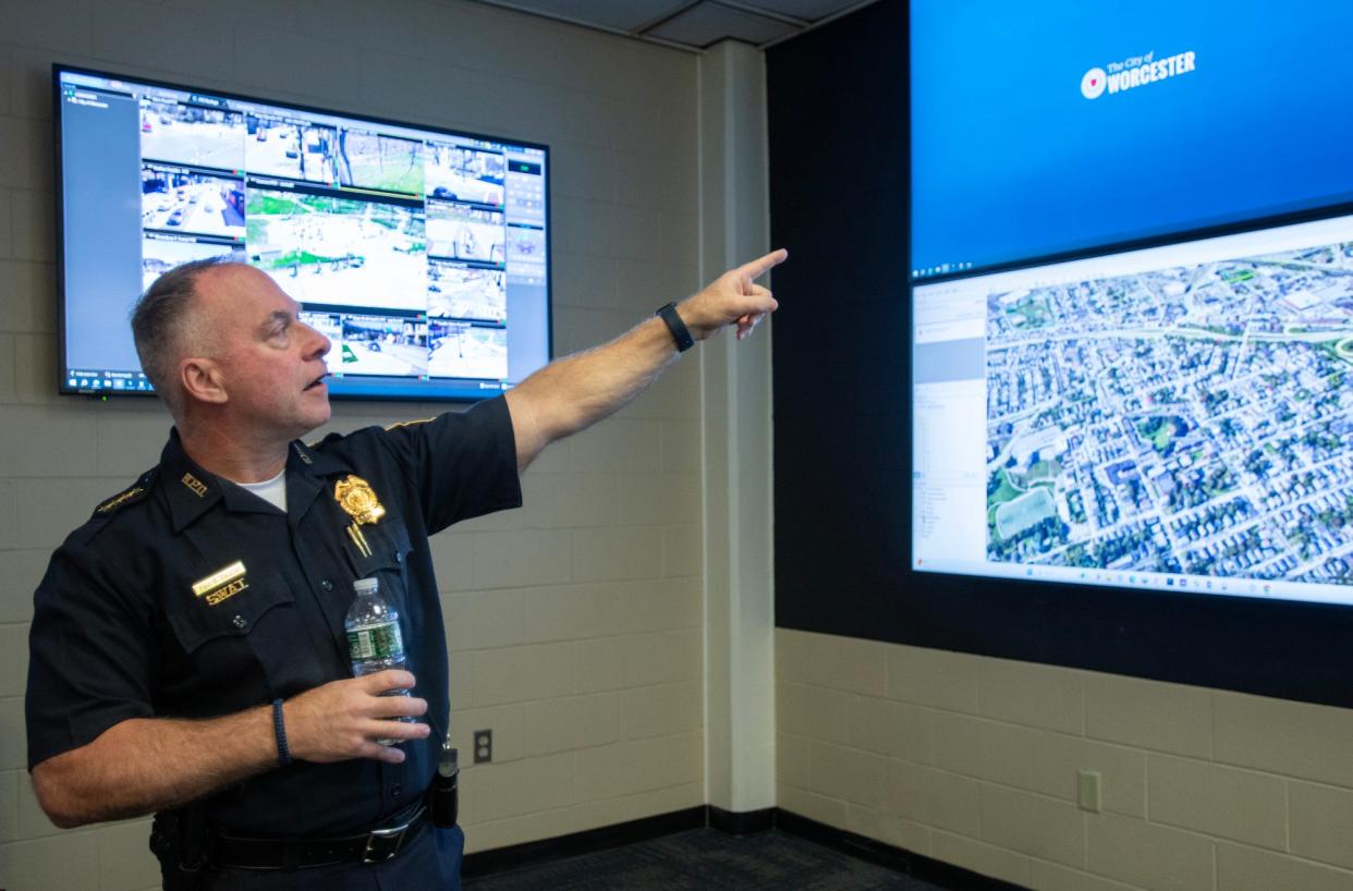 Worcester Police Interim Chief Paul Saucier describes the ShotSpotter gunfire detection system at police headquarters, in a photo from April.